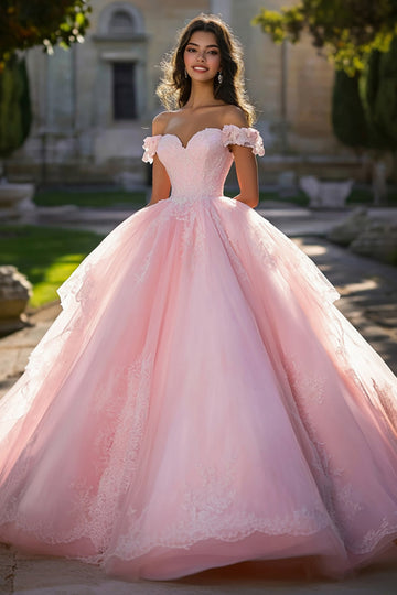 Pink Off the Shoulder Tulle Ball Gown Long Quinceanera Dress with Lace